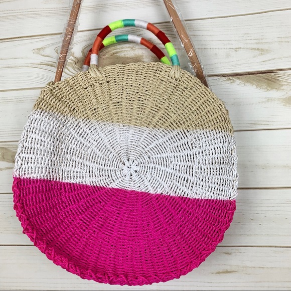 J.Crew Summer Neon White Pink Straw Color Block Crossbody Purse Shoulder Bag - Picture 5 of 15